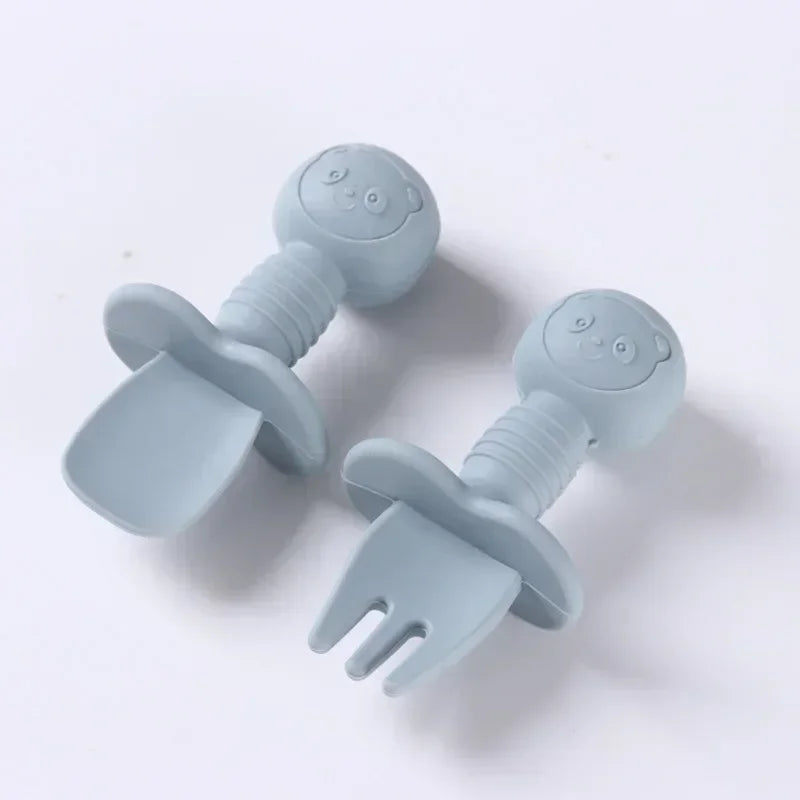 2 pezzi di grado alimentare per bambini manico in legno cucchiaio forchetta in silicone posate addestramento del bambino cucchiaio alimentare complementare forchetta cucchiaio per l'alimentazione del bambino
