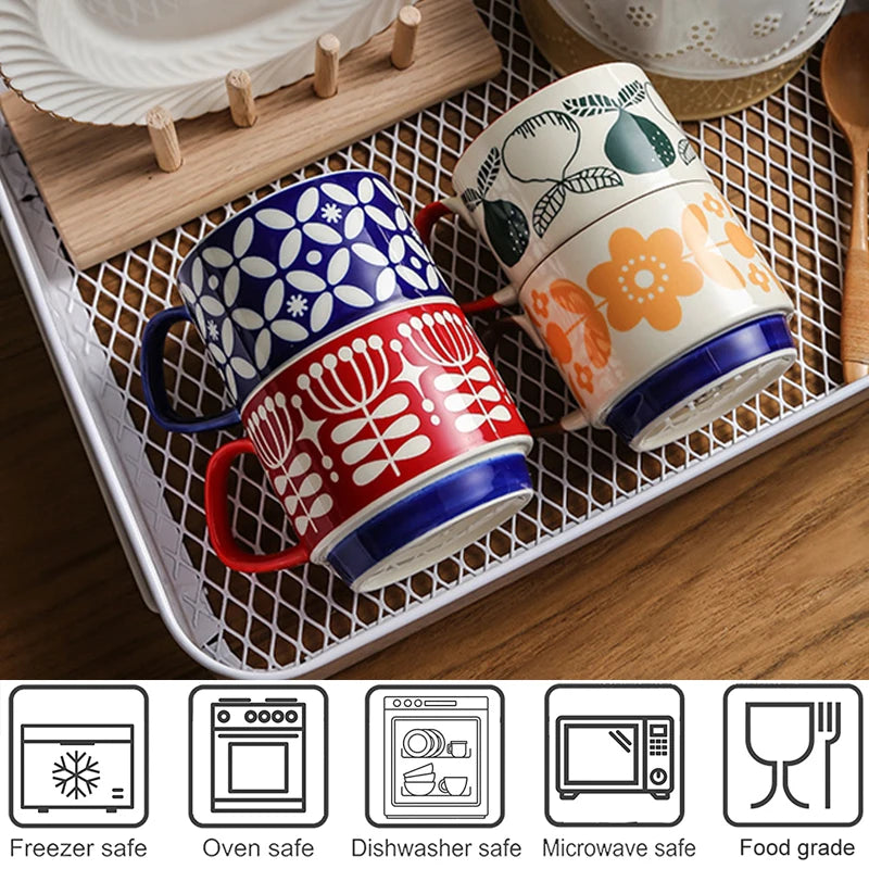 Set di tazze da caffè con fiori giapponesi da 300ml Set di bicchieri da cucina per feste in ceramica retrò con avena al latte per ufficio
