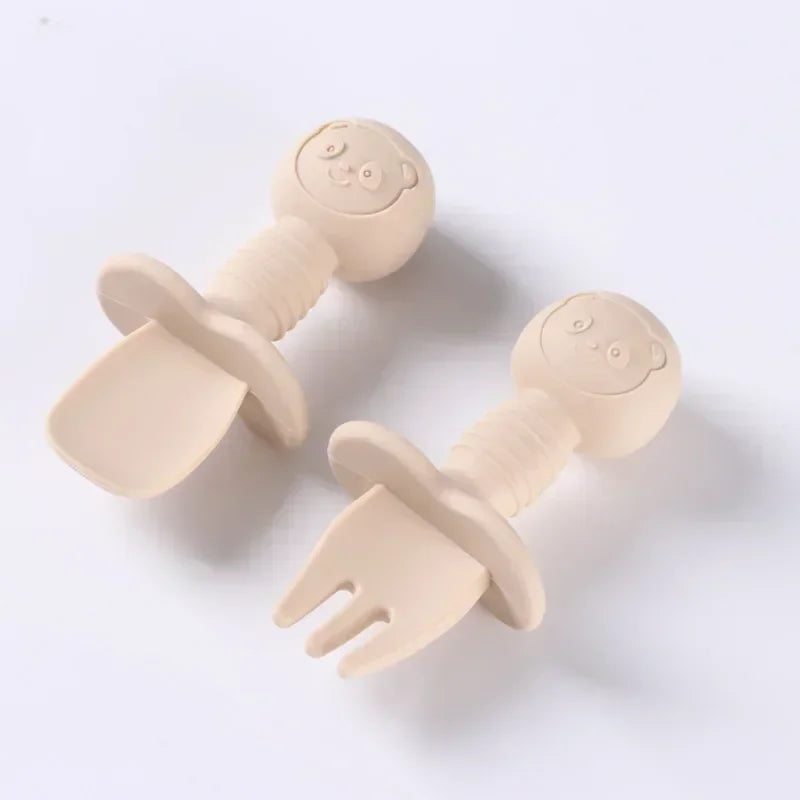 2 pezzi di grado alimentare per bambini manico in legno cucchiaio forchetta in silicone posate addestramento del bambino cucchiaio alimentare complementare forchetta cucchiaio per l'alimentazione del bambino