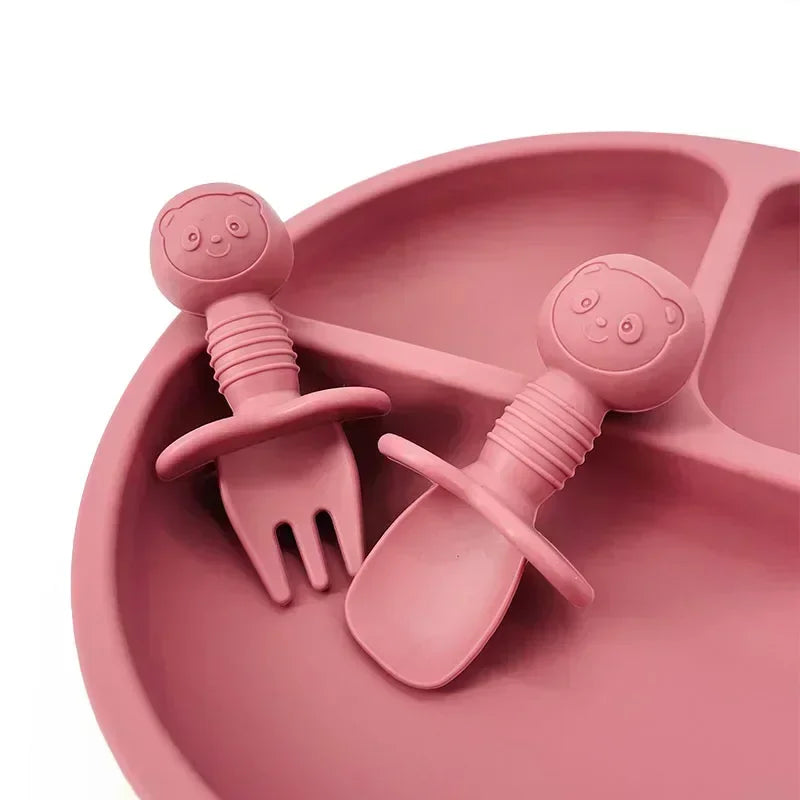 2 pezzi di grado alimentare per bambini manico in legno cucchiaio forchetta in silicone posate addestramento del bambino cucchiaio alimentare complementare forchetta cucchiaio per l'alimentazione del bambino
