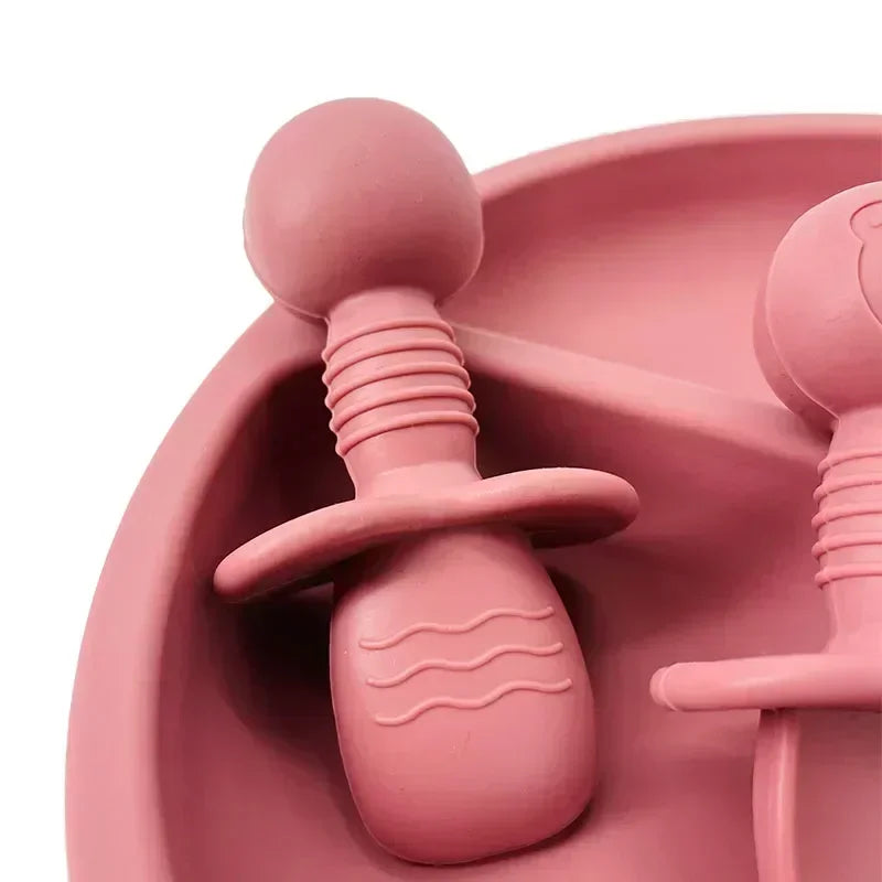 2 pezzi di grado alimentare per bambini manico in legno cucchiaio forchetta in silicone posate addestramento del bambino cucchiaio alimentare complementare forchetta cucchiaio per l'alimentazione del bambino