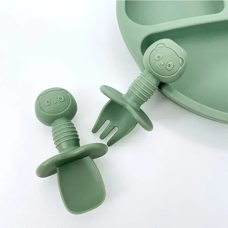 2 pezzi di grado alimentare per bambini manico in legno cucchiaio forchetta in silicone posate addestramento del bambino cucchiaio alimentare complementare forchetta cucchiaio per l'alimentazione del bambino