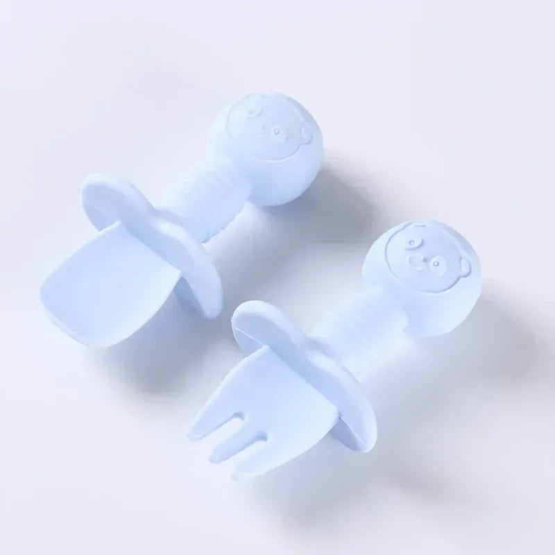 2 pezzi di grado alimentare per bambini manico in legno cucchiaio forchetta in silicone posate addestramento del bambino cucchiaio alimentare complementare forchetta cucchiaio per l'alimentazione del bambino