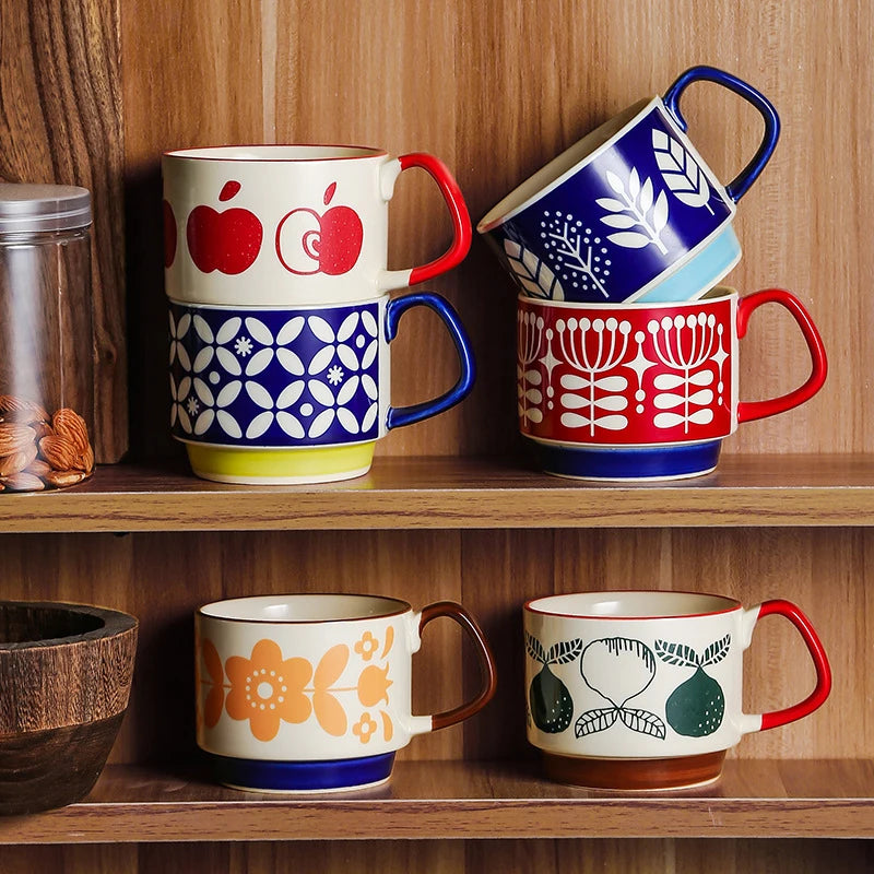 Set di tazze da caffè con fiori giapponesi da 300ml Set di bicchieri da cucina per feste in ceramica retrò con avena al latte per ufficio