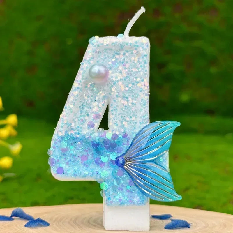 Candele per torte digitali Sirena di perle blu glitterate per feste di compleanno Torta da forno per matrimoni Decorazione fai da te Celebrazione dell'anniversario