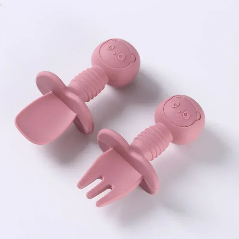 2 pezzi di grado alimentare per bambini manico in legno cucchiaio forchetta in silicone posate addestramento del bambino cucchiaio alimentare complementare forchetta cucchiaio per l'alimentazione del bambino