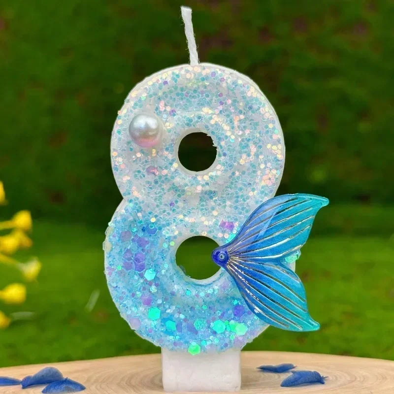 Candele per torte digitali Sirena di perle blu glitterate per feste di compleanno Torta da forno per matrimoni Decorazione fai da te Celebrazione dell'anniversario