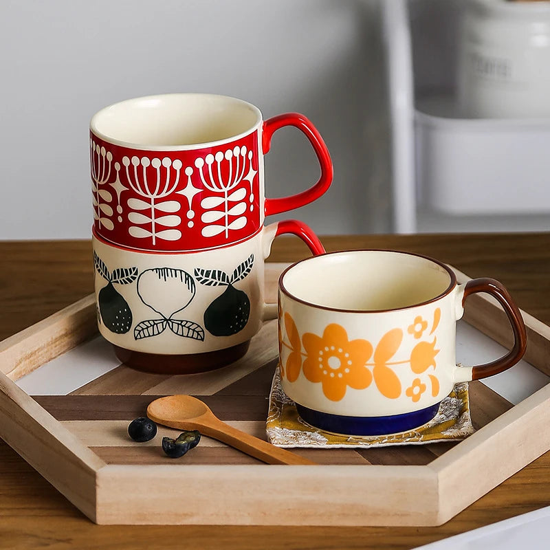Set di tazze da caffè con fiori giapponesi da 300ml Set di bicchieri da cucina per feste in ceramica retrò con avena al latte per ufficio