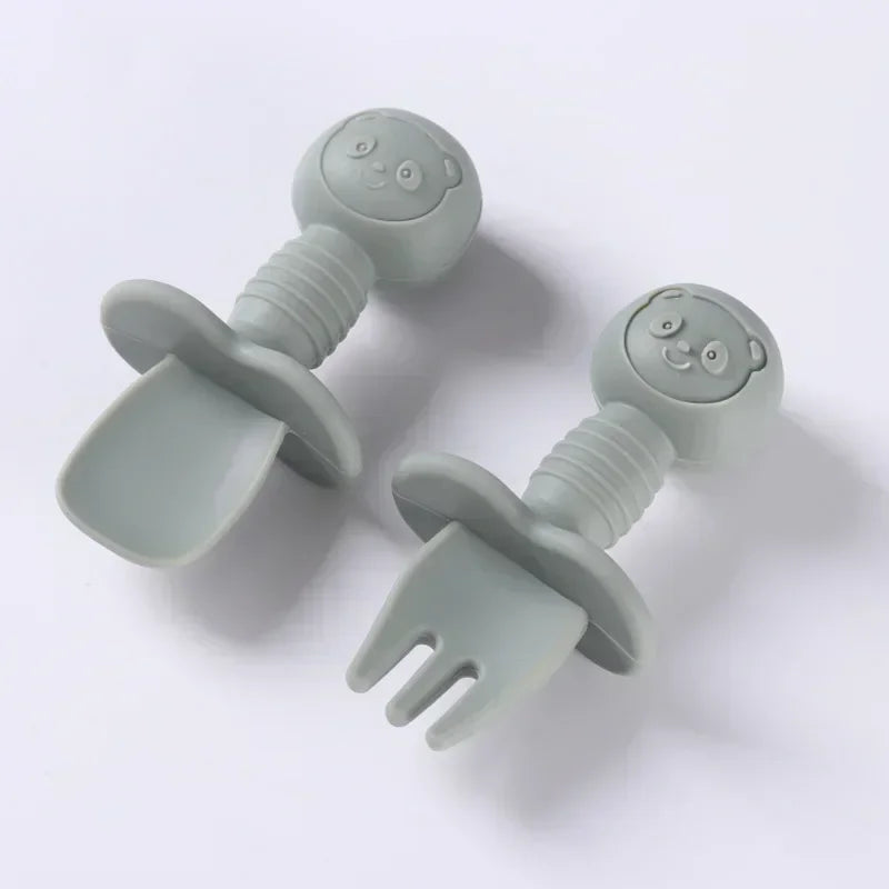 2 pezzi di grado alimentare per bambini manico in legno cucchiaio forchetta in silicone posate addestramento del bambino cucchiaio alimentare complementare forchetta cucchiaio per l'alimentazione del bambino