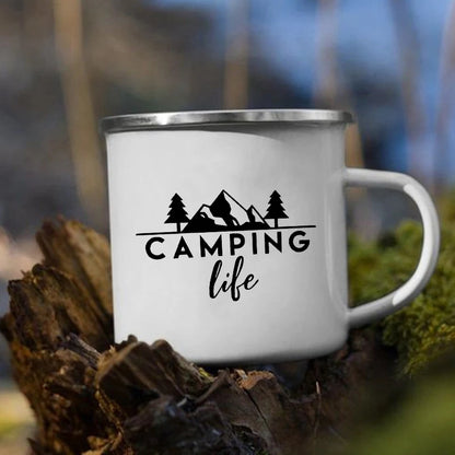 Tazze da campeggio smaltate L'avventura attende Tazze da campeggio Happy Campers Tazza da falò Camper all'aperto Manico da caffè Tazza Camper Van Regalo