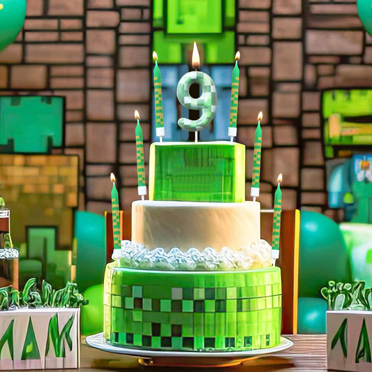 7 Pezzi Decorazione Candela Torta Digitale Minecraft Tema Verde, Candela dei Desideri Festa di Compleanno per Bambini, Decorazione Candela Torta Digitale