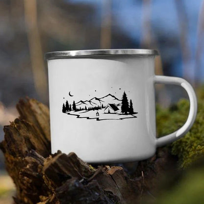 Tazze da campeggio smaltate L'avventura attende Tazze da campeggio Happy Campers Tazza da falò Camper all'aperto Manico da caffè Tazza Camper Van Regalo