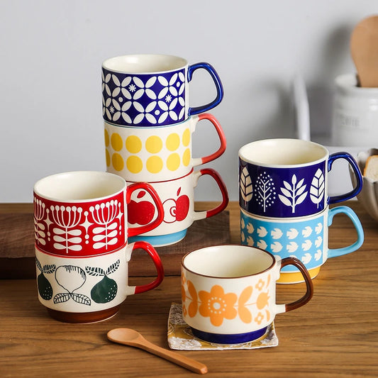 Set di tazze da caffè con fiori giapponesi da 300ml Set di bicchieri da cucina per feste in ceramica retrò con avena al latte per ufficio