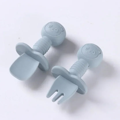 2 pezzi di grado alimentare per bambini manico in legno cucchiaio forchetta in silicone posate addestramento del bambino cucchiaio alimentare complementare forchetta cucchiaio per l'alimentazione del bambino