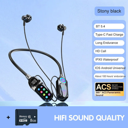 Auricolari 5.4 con archetto da collo wireless con schermo a colori da 8 GB con microfono magneticoSports Riduzione del rumore Cuffie sportive per streaming live