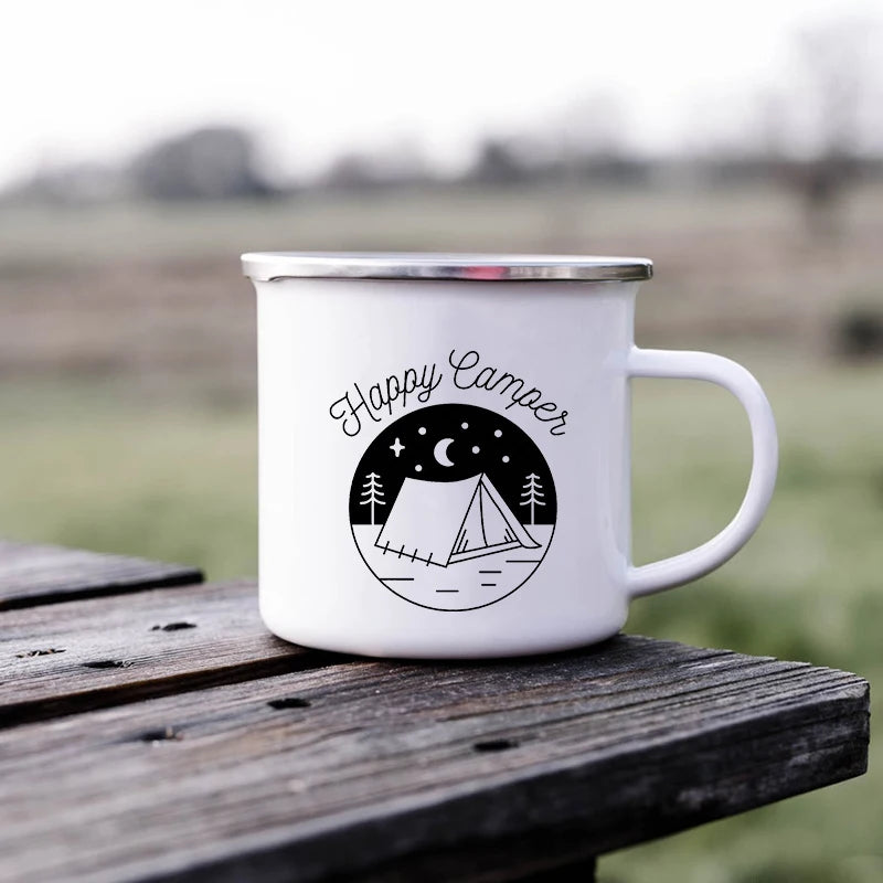 Tazze da campeggio smaltate L'avventura attende Tazze da campeggio Happy Campers Tazza da falò Camper all'aperto Manico da caffè Tazza Camper Van Regalo