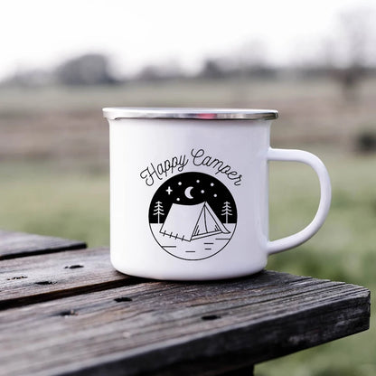 Tazze da campeggio smaltate L'avventura attende Tazze da campeggio Happy Campers Tazza da falò Camper all'aperto Manico da caffè Tazza Camper Van Regalo