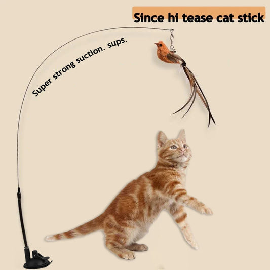 Giocattoli per gatti simulati per uccelli Ventosa epossidica aggiornata Filo di acciaio Asta lunga Piuma Gatto Stuzzicare Bastone Gatto Auto Ciao Nessun ingredienti nocivi