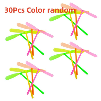 5/30 pezzi di plastica di bambù a forma di libellula spinta a mano elica volante sport all'aria aperta giocattolo regalo rotante freccia volante giochi all'aperto