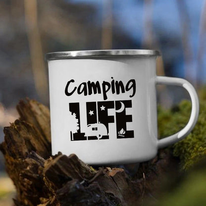 Tazze da campeggio smaltate L'avventura attende Tazze da campeggio Happy Campers Tazza da falò Camper all'aperto Manico da caffè Tazza Camper Van Regalo