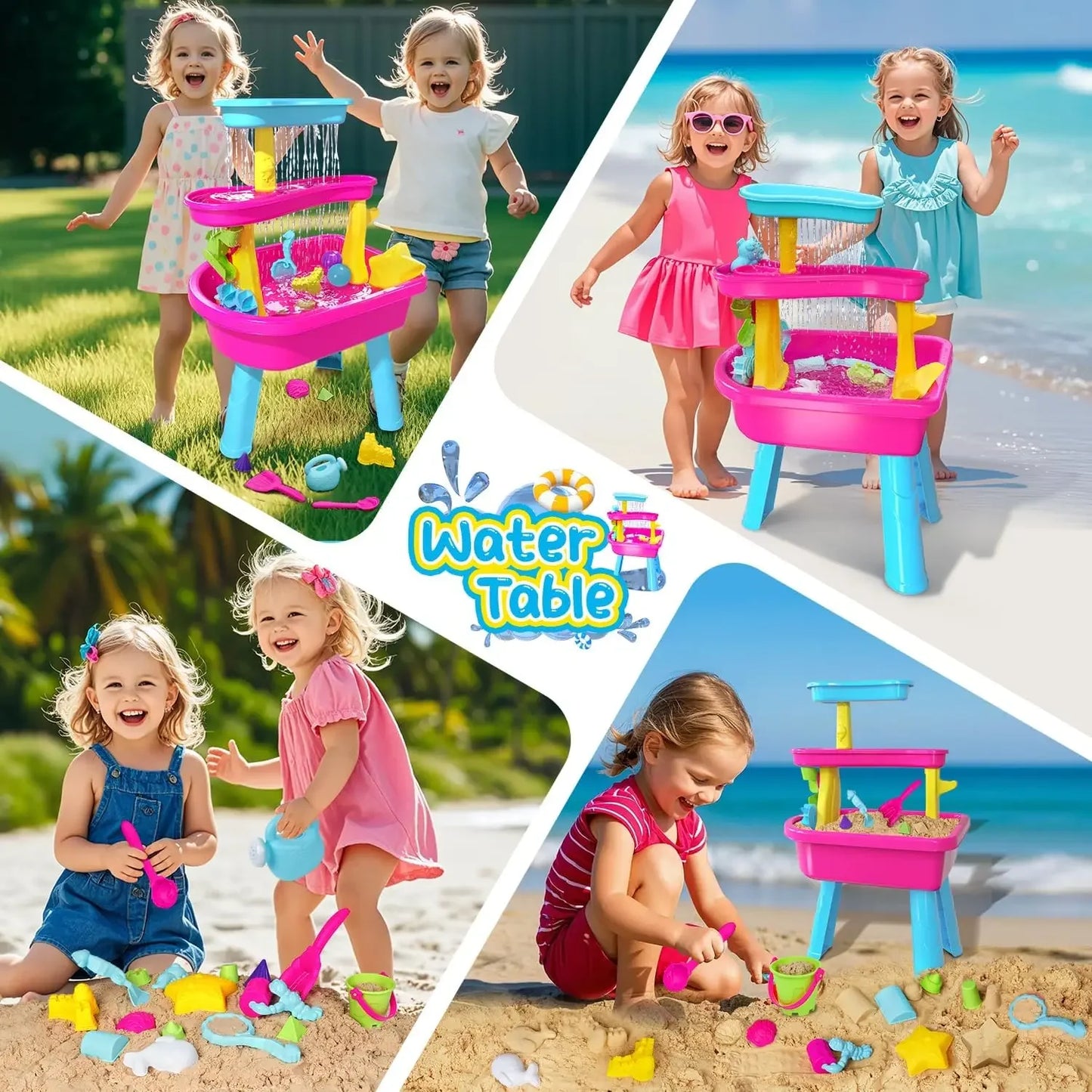 VATOS 3-Tier Sand Water Table 37pcs Splash Pond Toys Set attività all'aperto tavolo da gioco sensoriale in acqua giocattoli estivi per ragazze