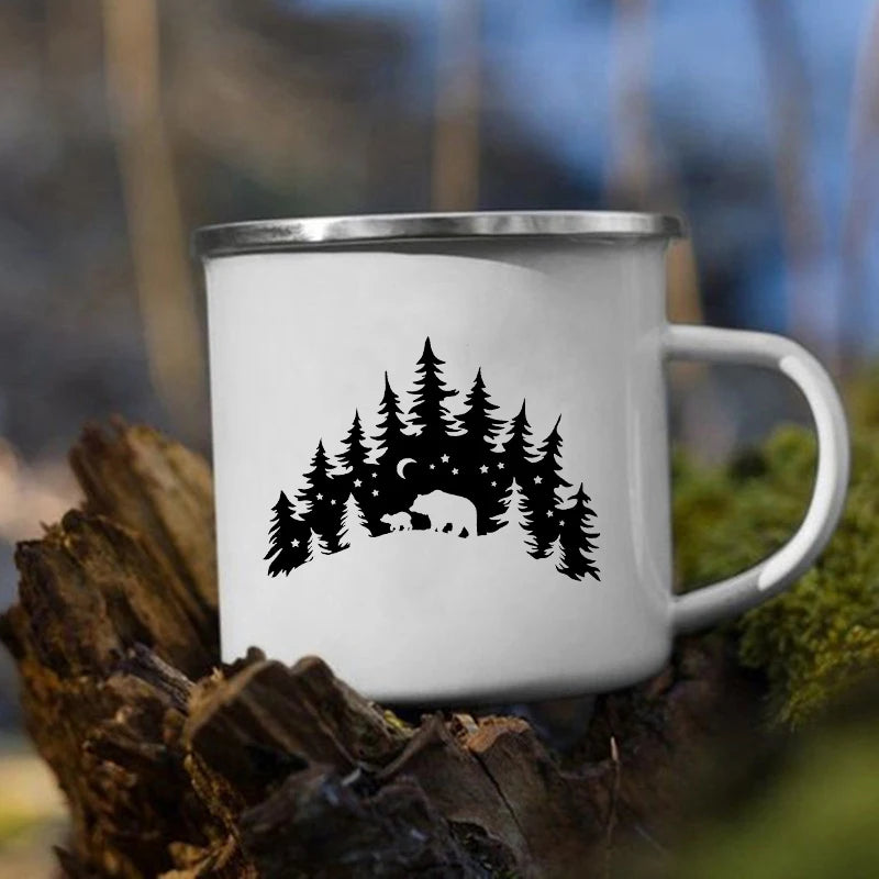Tazze da campeggio smaltate L'avventura attende Tazze da campeggio Happy Campers Tazza da falò Camper all'aperto Manico da caffè Tazza Camper Van Regalo