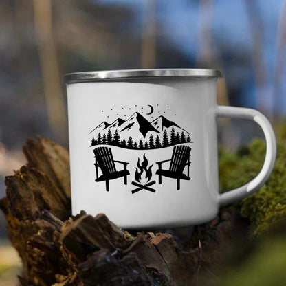 Tazze da campeggio smaltate L'avventura attende Tazze da campeggio Happy Campers Tazza da falò Camper all'aperto Manico da caffè Tazza Camper Van Regalo