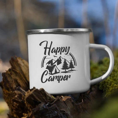 Tazze da campeggio smaltate L'avventura attende Tazze da campeggio Happy Campers Tazza da falò Camper all'aperto Manico da caffè Tazza Camper Van Regalo