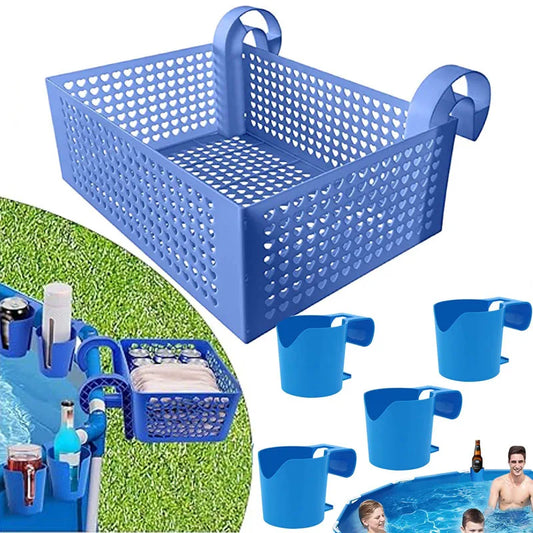 Cestino portaoggetti a bordo piscina con portabicchieri per bevande, accessori per piscina fuori terra adatti alla barra superiore rotonda da 2,5 pollici
