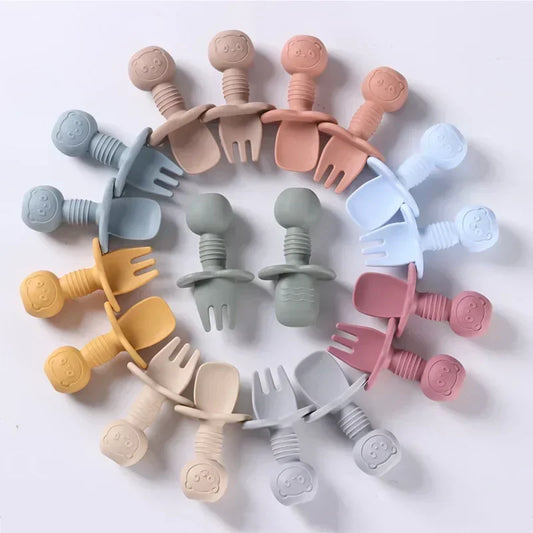 2 pezzi di grado alimentare per bambini manico in legno cucchiaio forchetta in silicone posate addestramento del bambino cucchiaio alimentare complementare forchetta cucchiaio per l'alimentazione del bambino