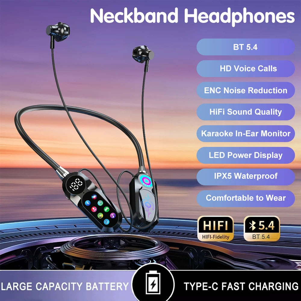 Auricolari 5.4 con archetto da collo wireless con schermo a colori da 8 GB con microfono magneticoSports Riduzione del rumore Cuffie sportive per streaming live
