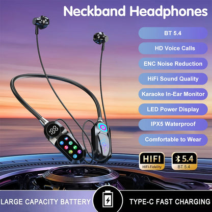Auricolari 5.4 con archetto da collo wireless con schermo a colori da 8 GB con microfono magneticoSports Riduzione del rumore Cuffie sportive per streaming live