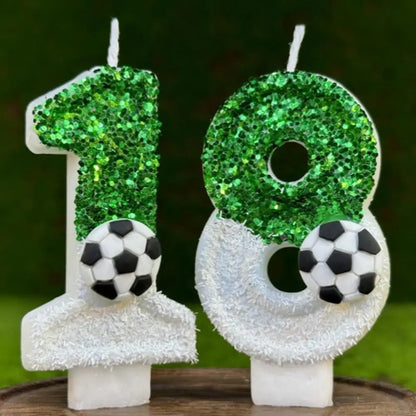 Candela di compleanno per calcio, ecologica, senza odore, design con paillettes, facile da usare, di lunga durata, con numeri 0-9, decorazione per torte, vela