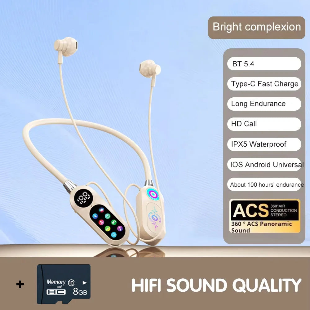 Auricolari 5.4 con archetto da collo wireless con schermo a colori da 8 GB con microfono magneticoSports Riduzione del rumore Cuffie sportive per streaming live