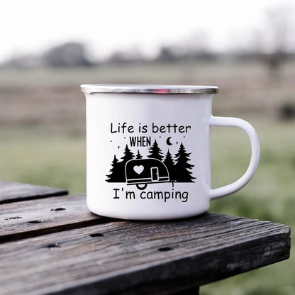 Tazze da campeggio smaltate L'avventura attende Tazze da campeggio Happy Campers Tazza da falò Camper all'aperto Manico da caffè Tazza Camper Van Regalo