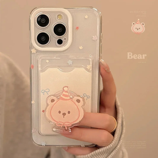Custodia per telefono con pacchetto di carte orso adorabile del fumetto con supporto per IPhone16 15 14 12 13 11 Pro ProMax Plus X XR Cover per telefono antiurto