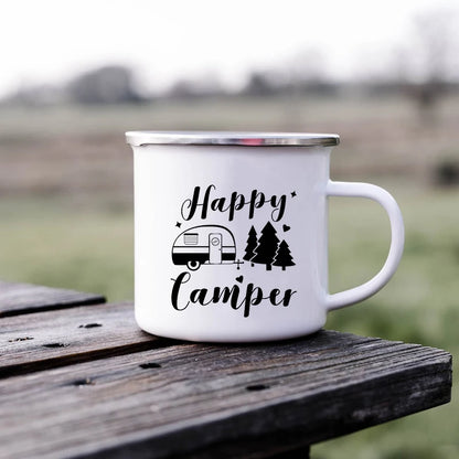 Tazze da campeggio smaltate L'avventura attende Tazze da campeggio Happy Campers Tazza da falò Camper all'aperto Manico da caffè Tazza Camper Van Regalo