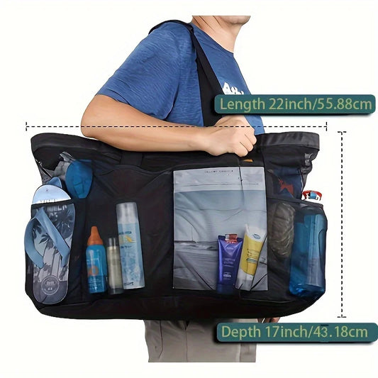 Borsa da spiaggia extra large: leggera, impermeabile, pieghevole, con cinghie in rete, tasche con cerniera e spallacci fissi