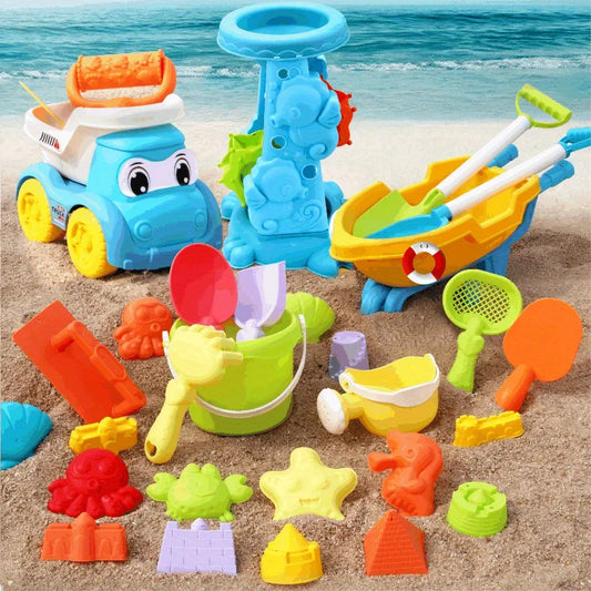 Set di giocattoli da spiaggia per bambini, ATV, giocattolo per scavare sabbia e acqua, secchio da spiaggia, clessidra, pala, strumento per giochi di sabbia da spiaggia colori casuali