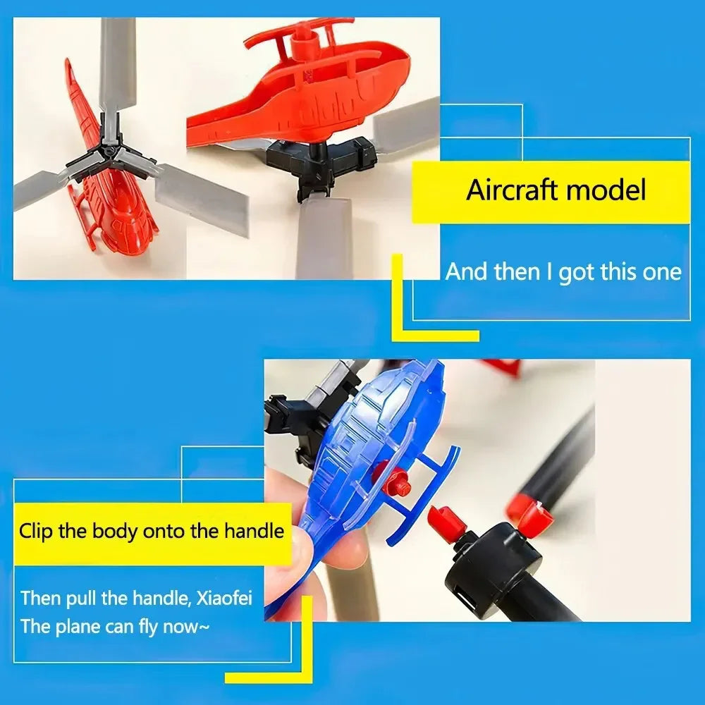 Divertenti giocattoli volanti con coulisse piccolo aereo gioco all'aperto linea di trazione elicottero mosca disegnare corda decollo giocattolo interattivo regalo per bambini