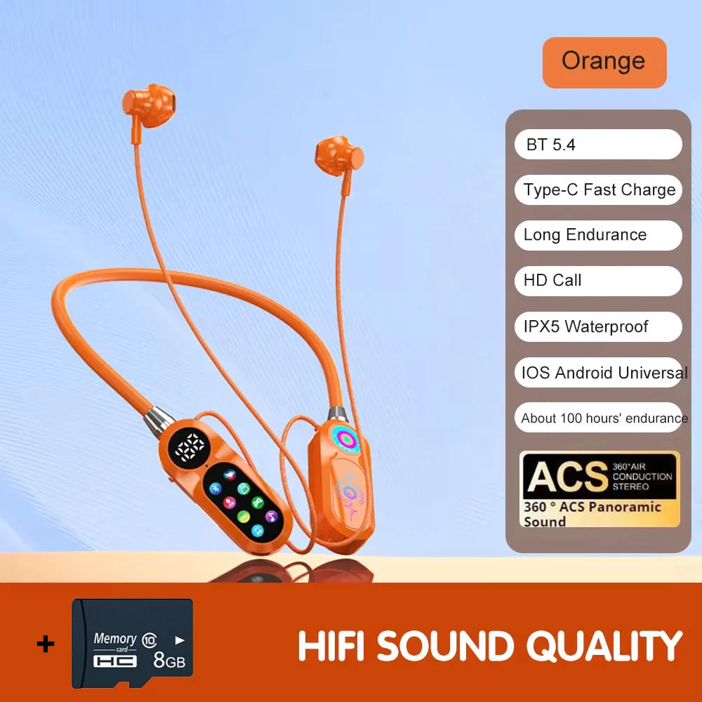 Auricolari 5.4 con archetto da collo wireless con schermo a colori da 8 GB con microfono magneticoSports Riduzione del rumore Cuffie sportive per streaming live