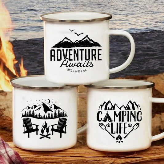Tazze da campeggio smaltate L'avventura attende Tazze da campeggio Happy Campers Tazza da falò Camper all'aperto Manico da caffè Tazza Camper Van Regalo